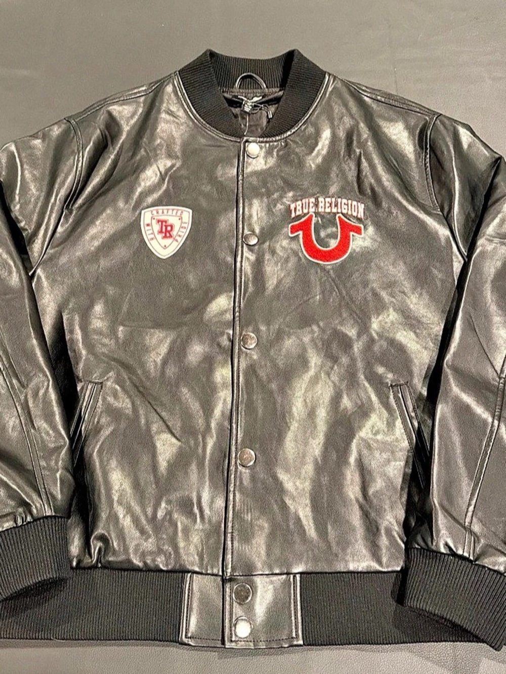 True Religion Varsity Jacket Letterman Style Black Men's Size XL NWT $239 Retail